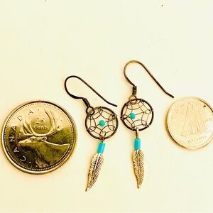 Tiny Bohemian Dreamcatcher Earrings with Turquoise and Gold Accents